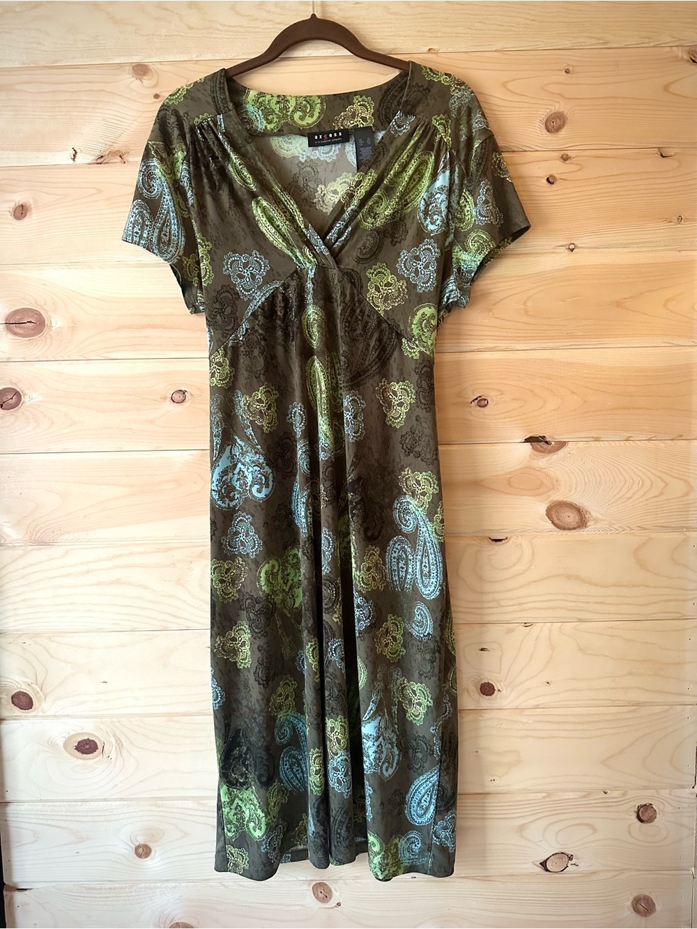 Y2K Whimsigoth Green Paisley Empire Waist V-Neck Stretch Knit Midi Dress XL